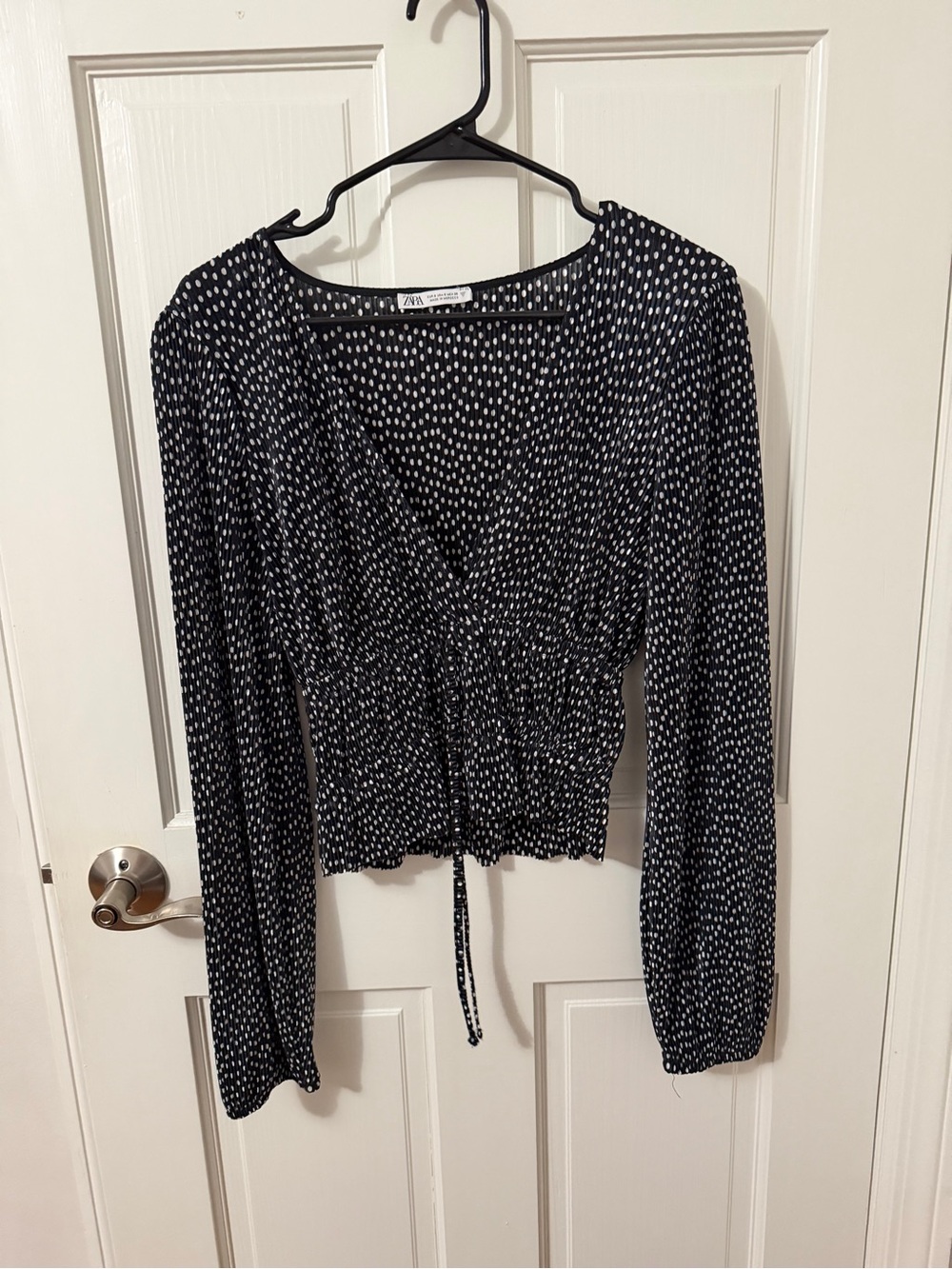 Zara Black and White Polka Dot Wrap-Style Long Sleeve Top